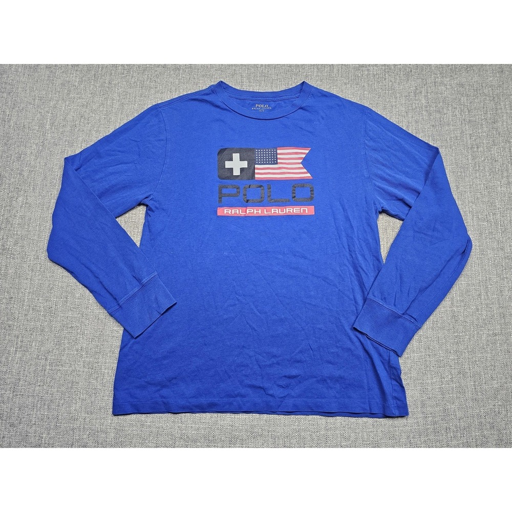 Polo Ralph Lauren Shirt Boys‎ Large Blue Long Sleeve Crewneck Flag Graphic Logo